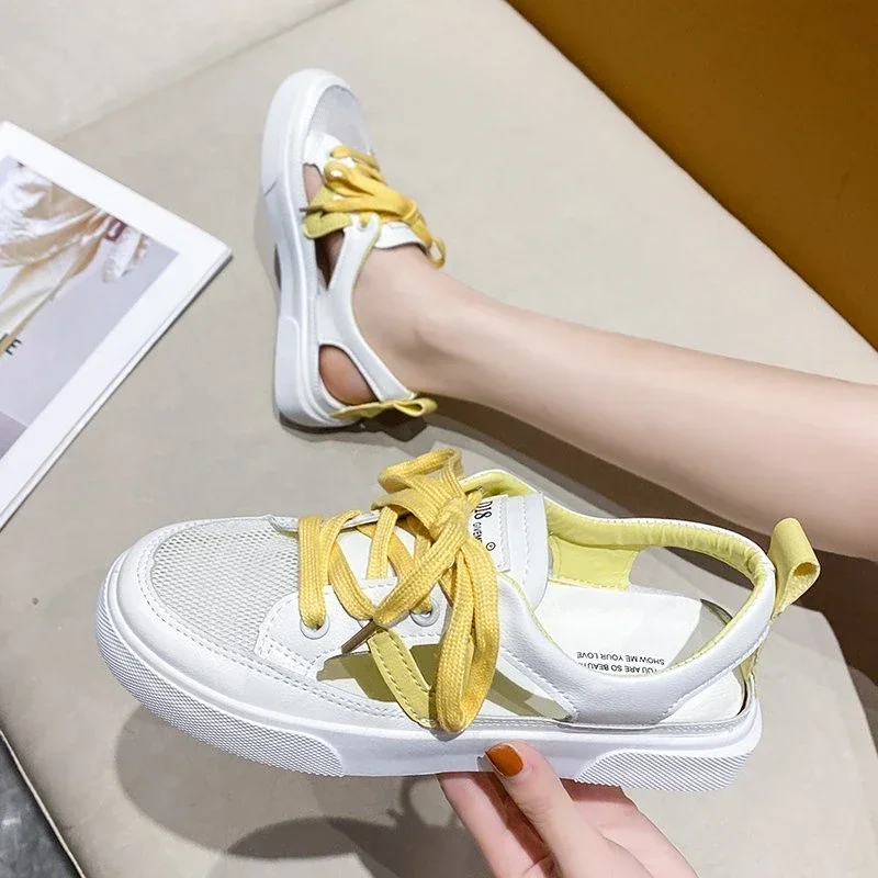 Sandals Women White Casual Shoes Fish-mouth Sandals Metal Decorative Transparent Breathable Mesh Shoes Large Zapatos Para Mujer