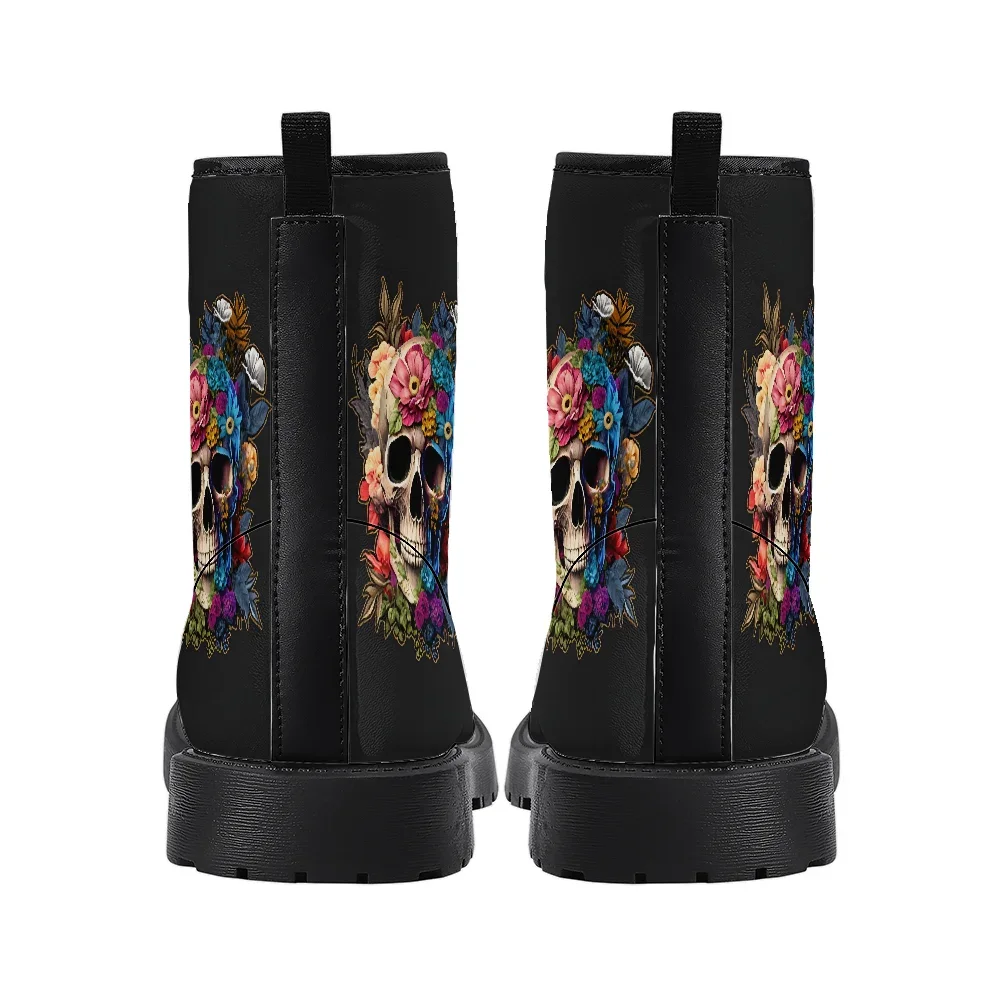 Black mid-calf boots with floral and skull print casual and stylish street-style boot for men and women.