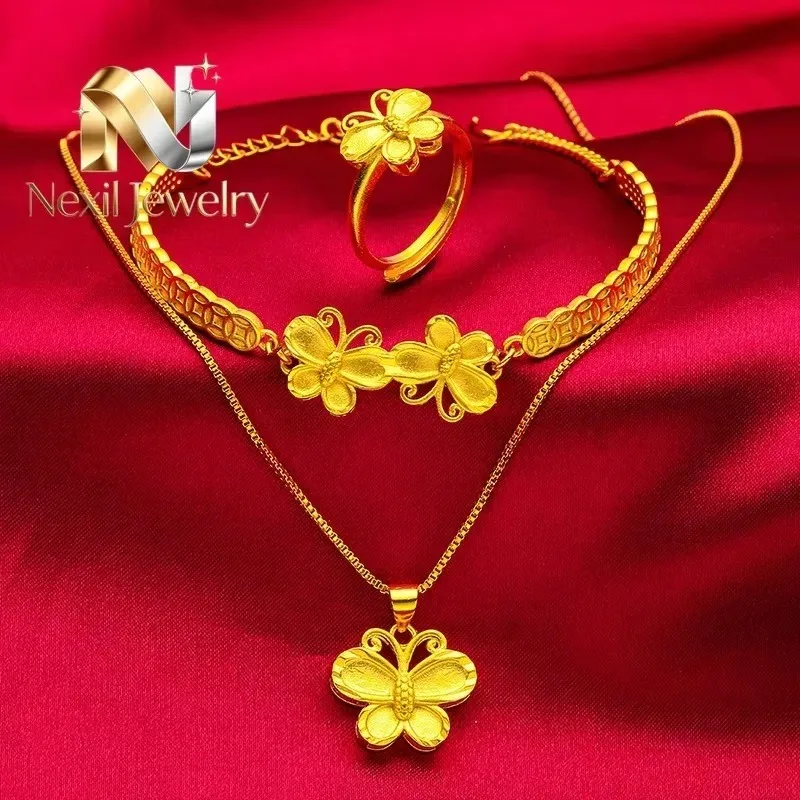 Nexil Jewelry  24K Gold AU999 Women's Butterfly Ring-Bracelet-Necklace Set 3D Butterfly Gradient Gold-Plating  Daily Chic Sweet