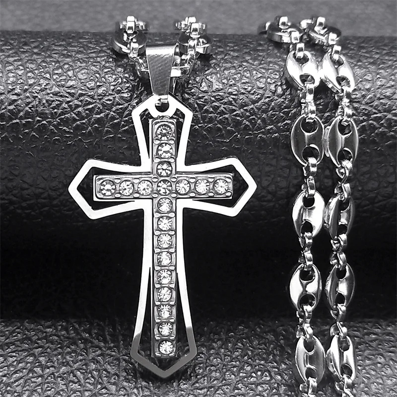 Christian Cross Pendant Necklace for Women Men Stainless Steel Gold Color Coffee Bean Chain Catholic Jewelry colar masculino