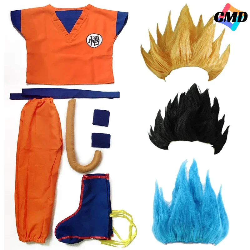 Cos 2022 Halloween Child Adult Clothes Suit Goku Cosplay Costumes Top Pant Belt Tail Wrister Wig For Party