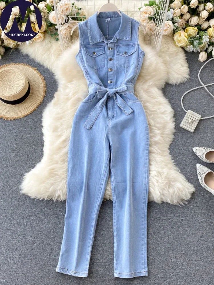 Summer Retro Sleeveless Denim Jumpsuit for Women Single Row Buckle Slim Fit Lace up Fashionable