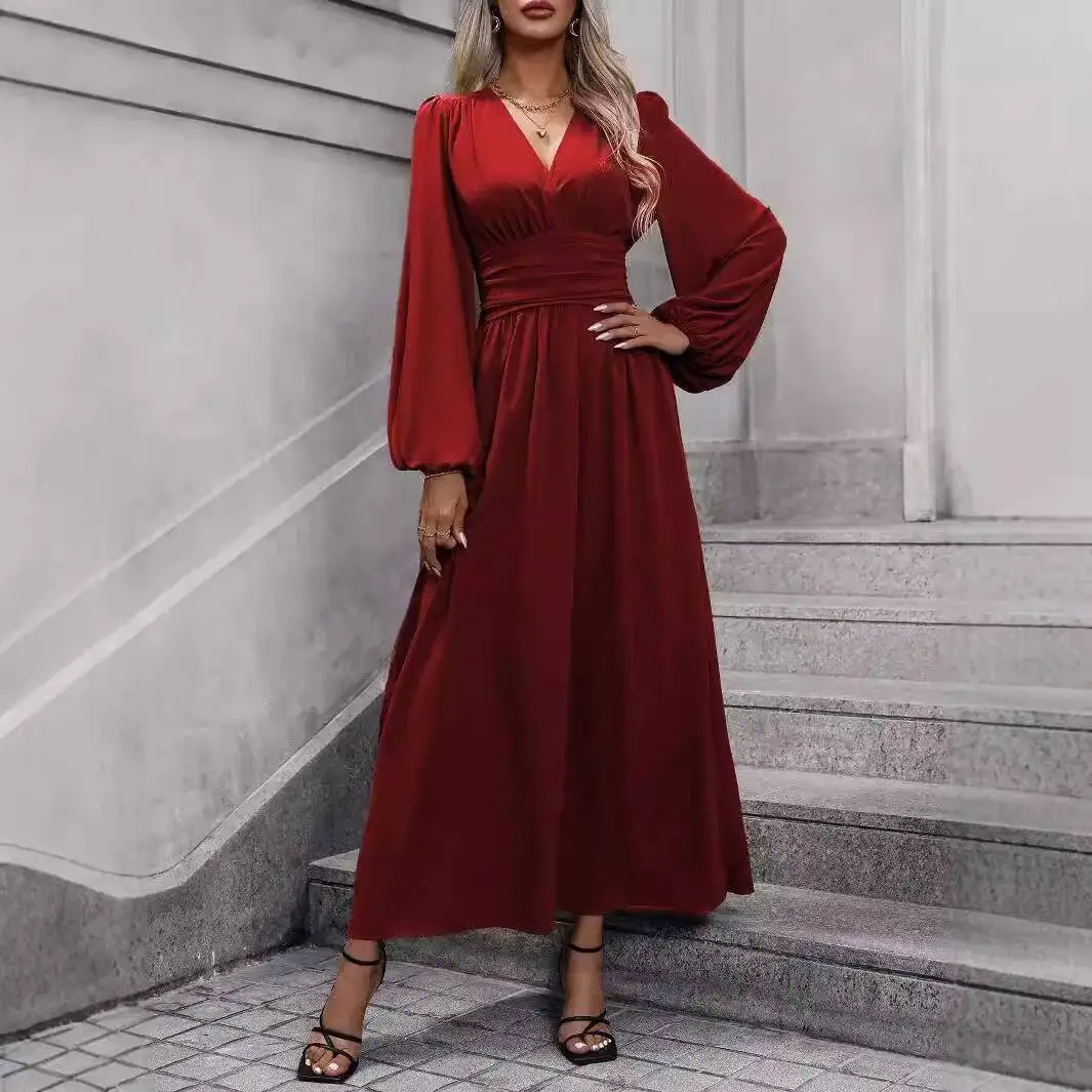 Sukienka damska 2026 wiosna nowa sukienka damska z rękawami typu lampion, dekoltem w serek, marszczonym wzorem, wysokim rozcięciem, elegancka sukienka midi z długim rękawem