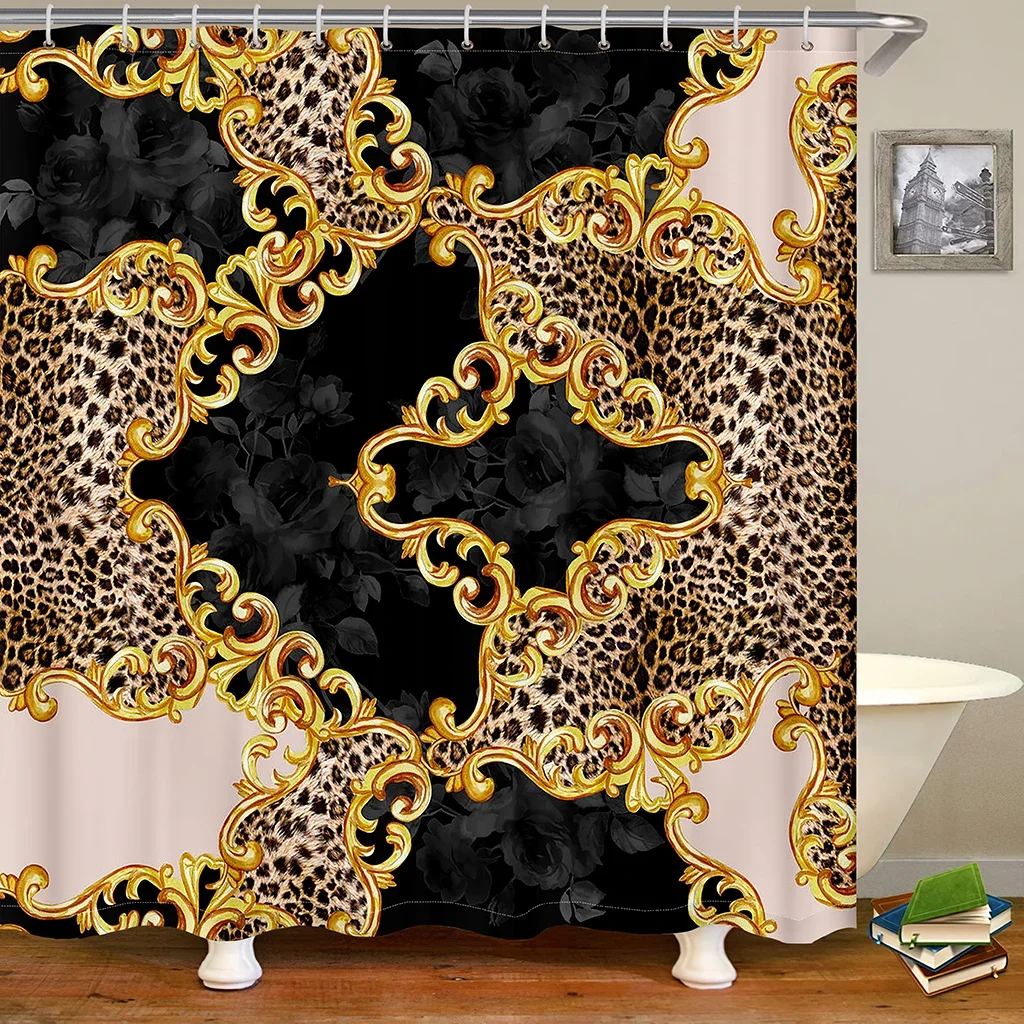 Leopard Print Black Fashion Baroque Gold Custom Brand Designer Luxury Waterproof Shower Curtain for Bath Bathroom Decor 12 Hooks