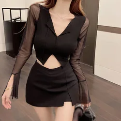 Women's Crop Tops Gauze Splicing Long-sleeved T Shirt Sexy Skinny Tops Ladies V Neck Spring Autumn Blouse