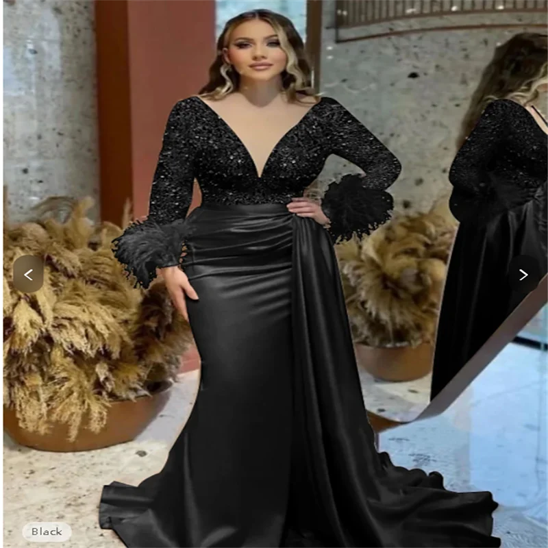 Mermaid Evening Gown Elegant Dress Formal Wedding Court Train Long Sleeve V Neck Satin with Feather Glitter Ruched Masquerade