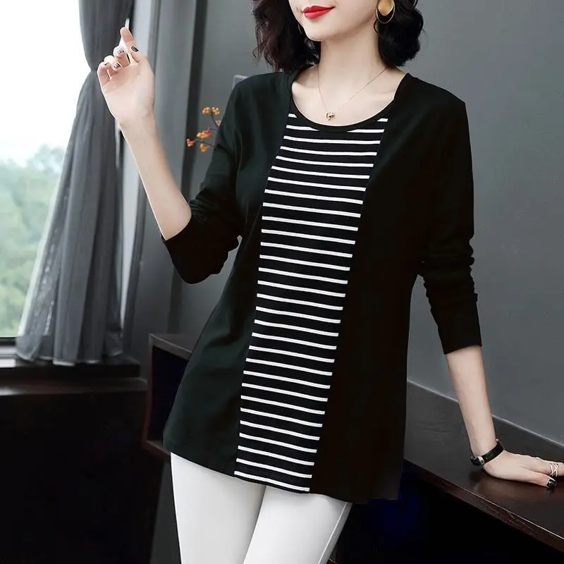 Casual Striped Patchwork Tops Tees Spring Autumn New Contrast Long Sleeve Fake Two Pieces T Shirts Fashion Vintage Women Clothes