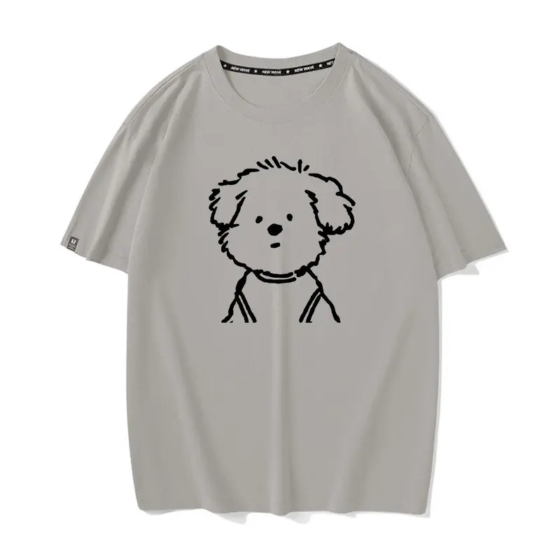 Cute and Simple Puppy Print Ins Loose Couple Short Sleeved T-shirt Trendy White Versatile Men's and Women's Half Sleeves