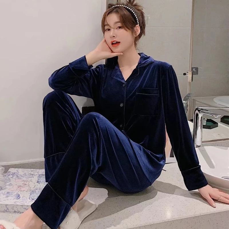 Autumn Winter Warm Pajamas Set Women Sleepwear Gold Velvet Homewear Sisters Soild Pijama Suit Women Thick Tracksuit Wear