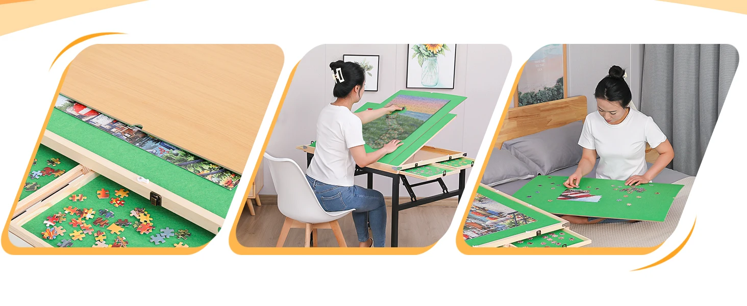Folding Puzzle Table with Drawers Legs and Wheels Tilting Jigsaw Board for 1500 Pieces Adult Game Storage Desk