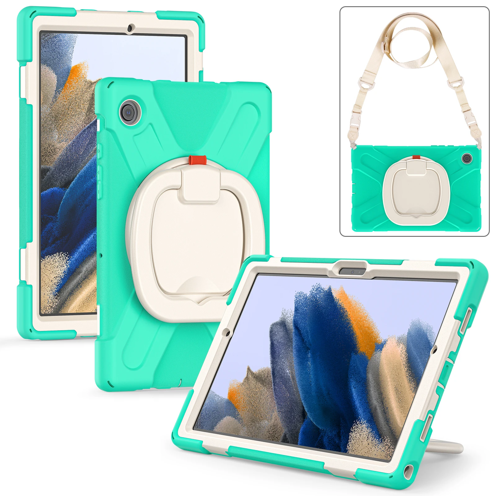 

Armor Case Universal For Samsung Galaxy A8 10.5 2022 2021 SM-X200 SM-X205 SM-X207 360 Rotatable Stand Cover With Shoulder Strap