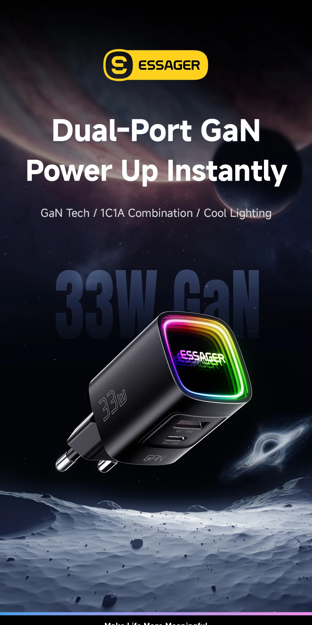 Essager 33W GaN USB Typ C Ladegerät mit Neonlichtern PD 3.0 Schnellladung für iPhone 17 16 15 Pro Max iPad Xiaomi Samsung Huawei OPPO – Detail 1