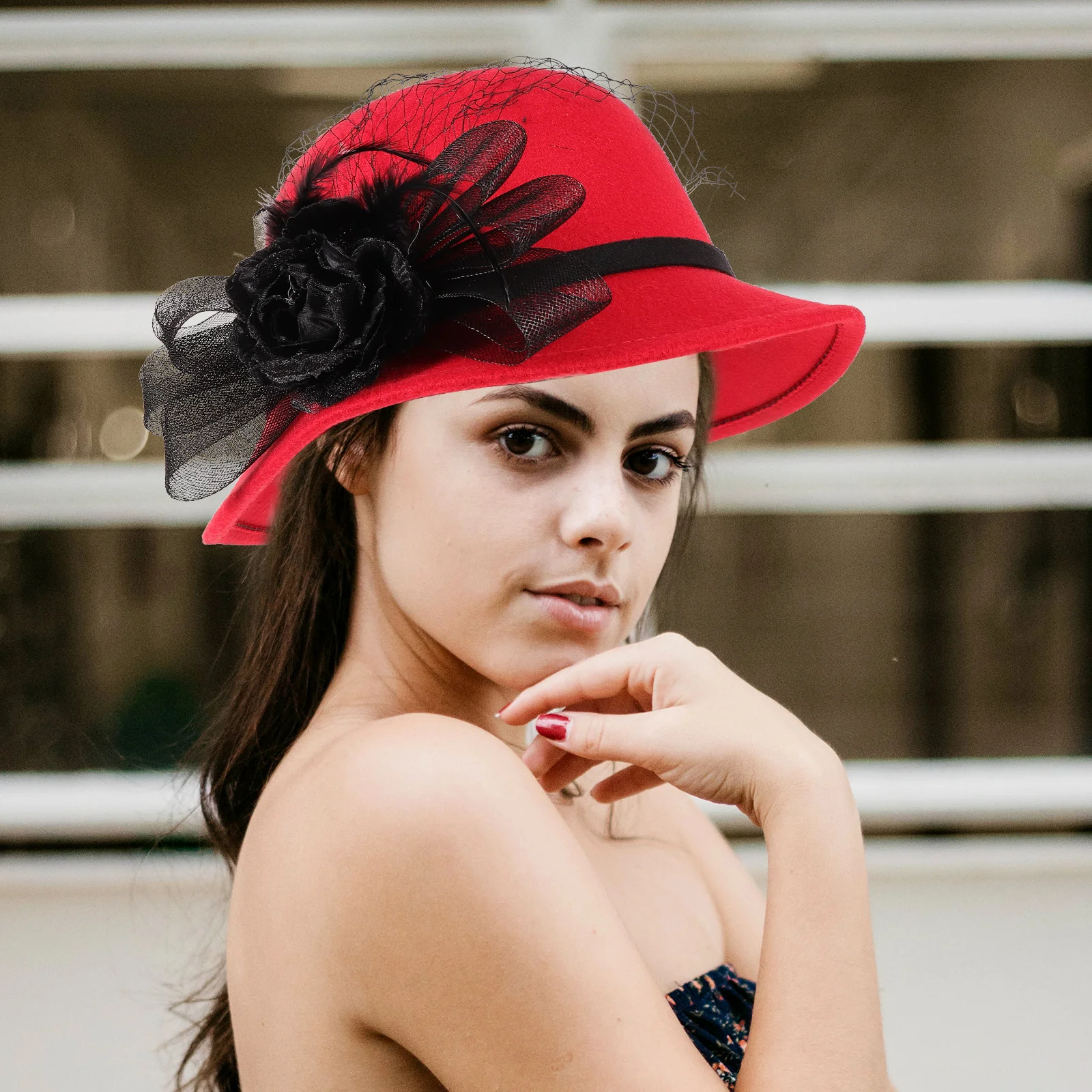 

Red Polyester Hat Veil for Women Lightweight Breathable Wedding Funeral Hats For Women With Veil Bride Sun Protection Travel