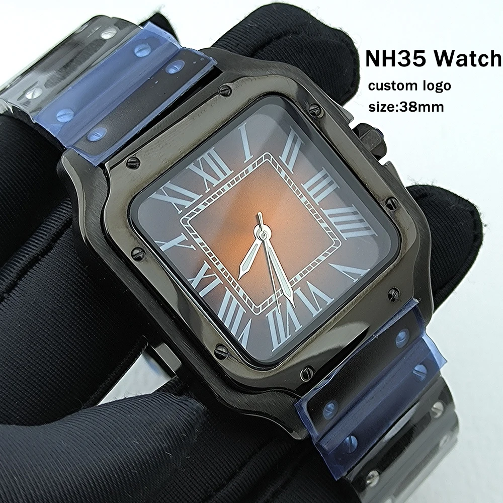 NH35 Men's Watch Black 38mm Stainless Steel Automatic Watch Customized LOGO Suitable for NH35 Movement Watch