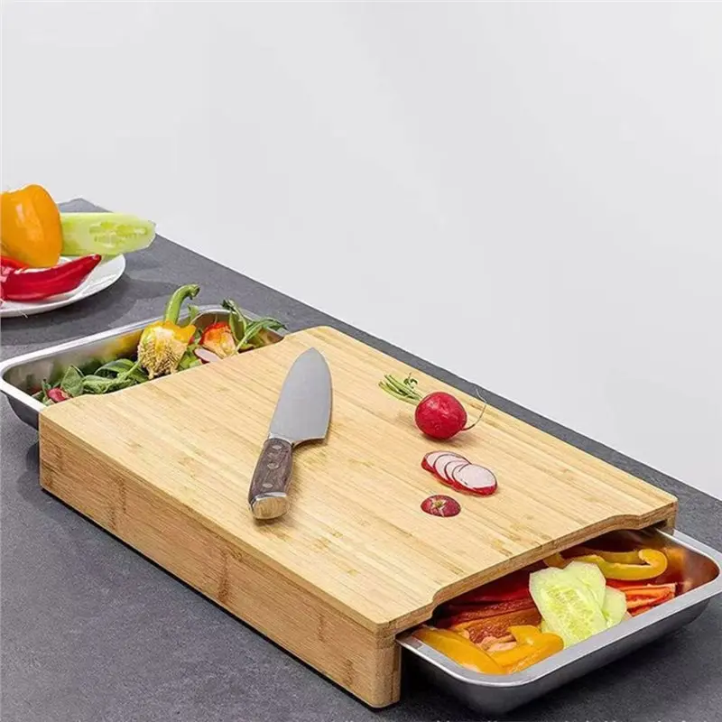 ABGH-Wood Cutting Board Slide Out Trays Catches Food And Waste Removable Drawers