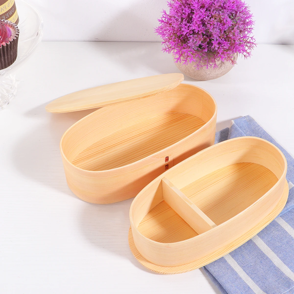 

Japanese Style Wooden Lunch Box Portable Bento Container Food Carrier for School Office (Double-layer, White)