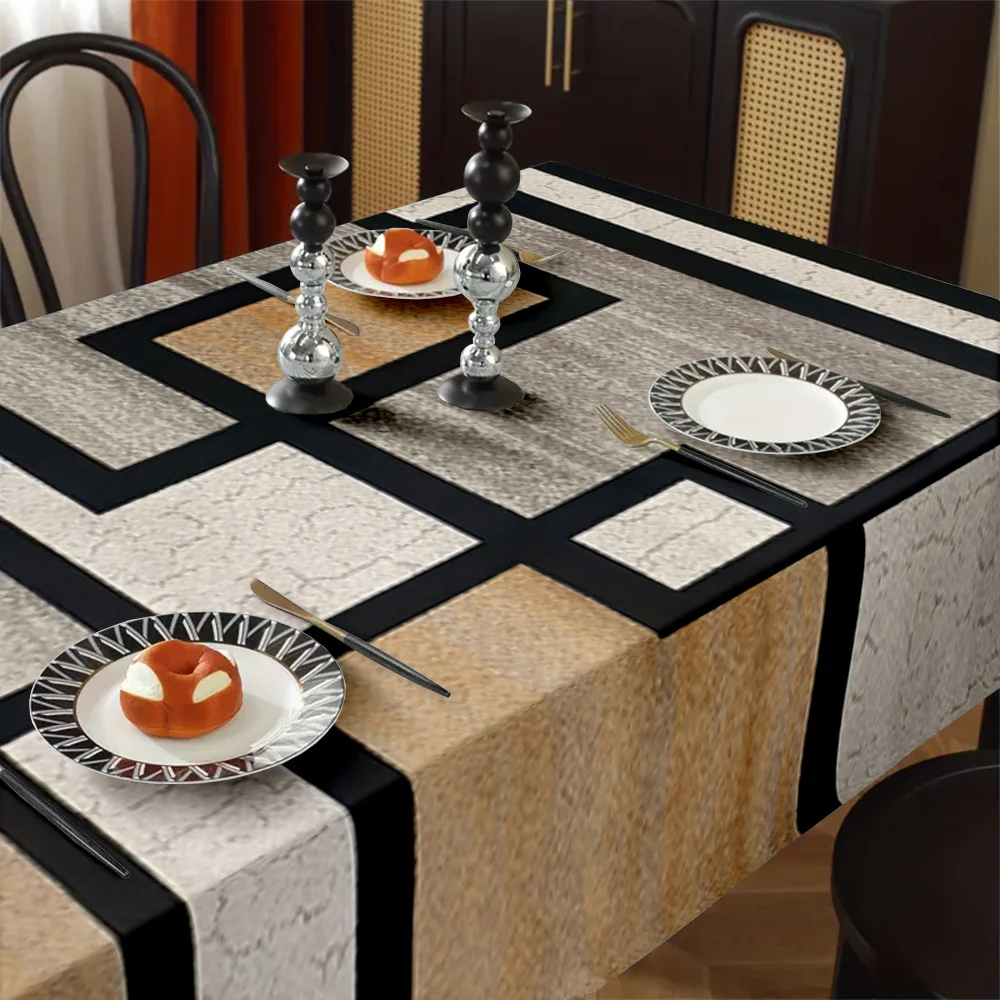 1 Stück exquisite, abstrakt gemusterte, rechteckige Polyester-Tischdecke mit Blockmuster für die Möbeldekorationzyc