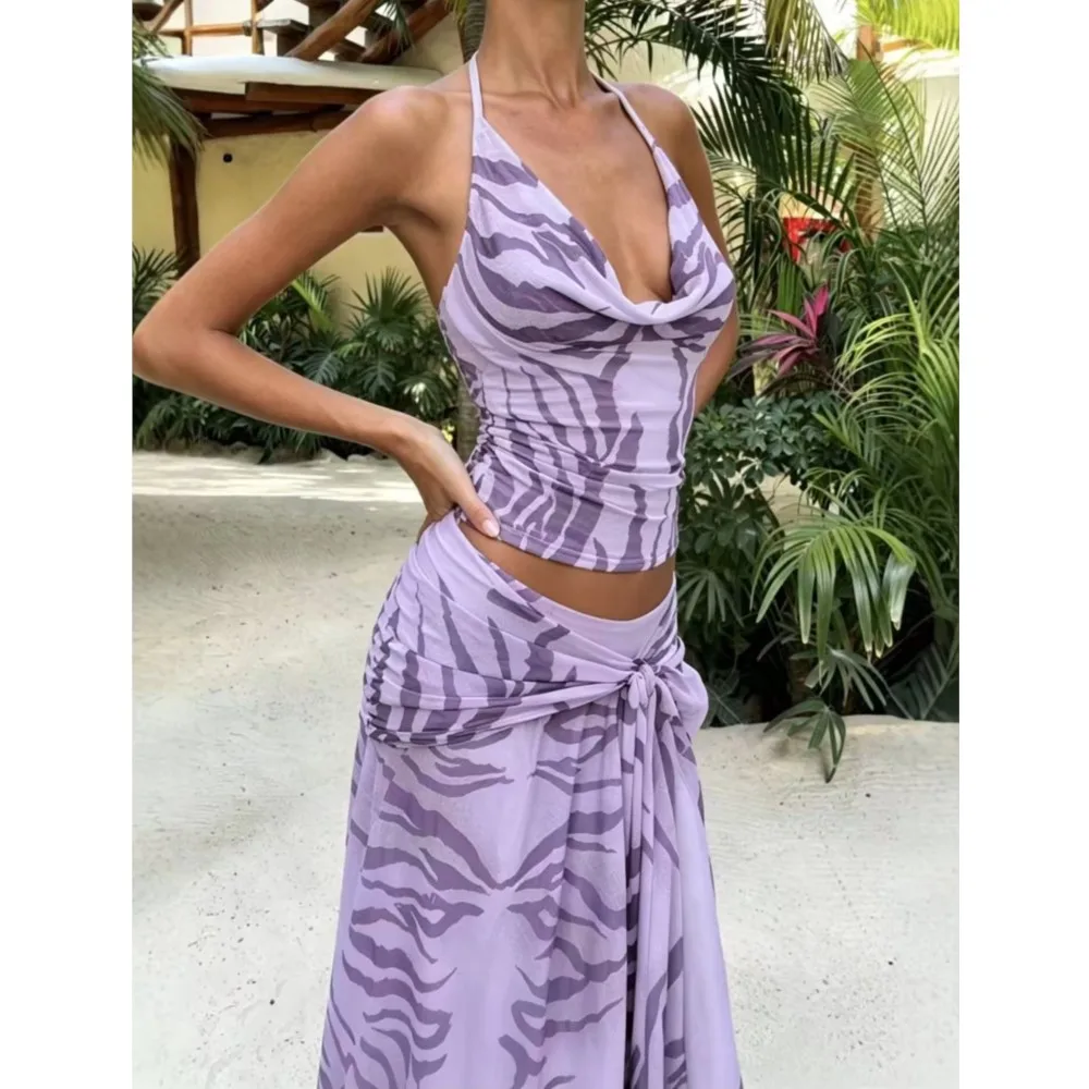 Zebra Print 2 Piece Set Cowl Neck Halter Sleeveless  Sexy Deep V Crop Top+Ruched Maxi Long skirt Elegant Draped For Summer