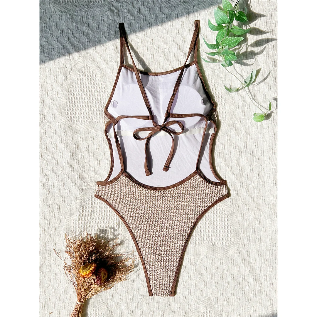 S - XL Geknitterter, ausgeschnittener Damen-Badeanzug, einteiliger Badeanzug, rückenfreier, hoch geschnittener Badeanzug, Badeanzug, Schwimmanzug V7987 – Detail 6