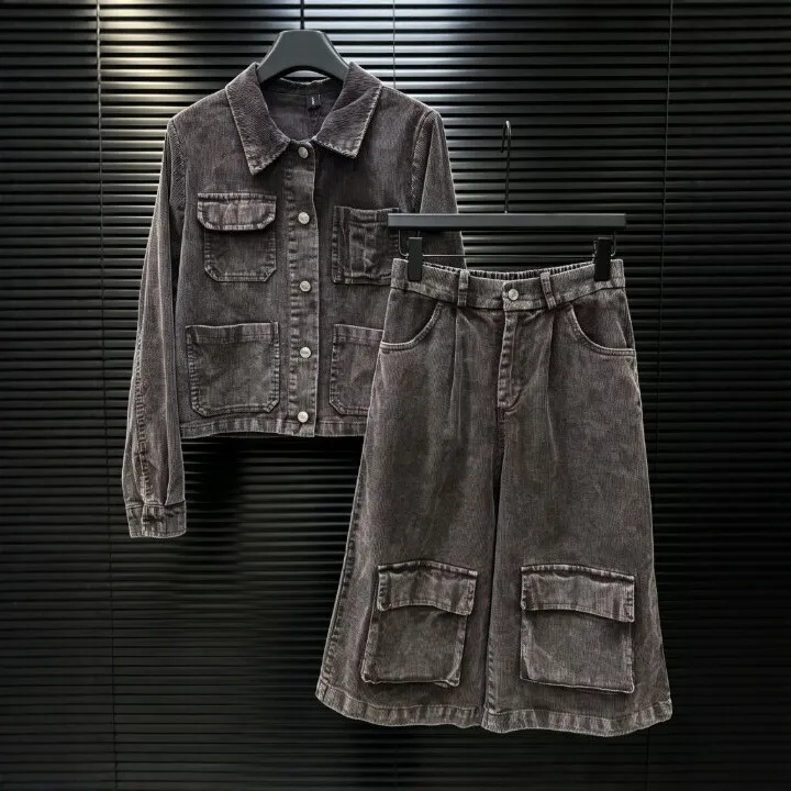 Button Casual Loose Set with Streetwear Cropped Pants Pocket Washed Jacket Turn Down Collar Water Washed 3D Effect for Women