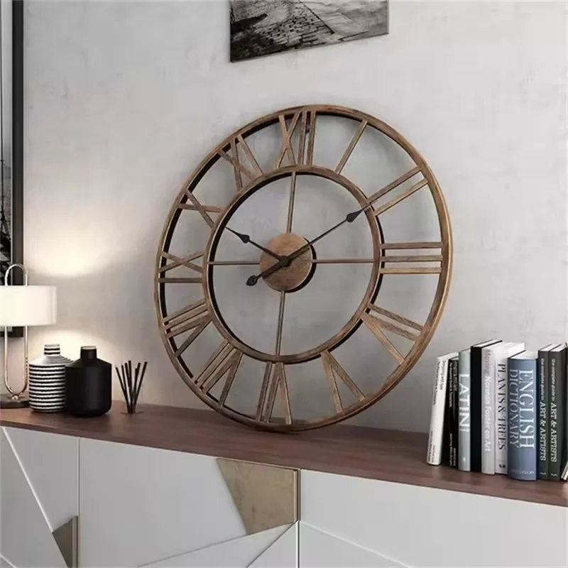 Modern 3D Large Wall Clock 40cm with Roman Numerals Silent Retro round Metal Iron for Nordic Living Room Decor