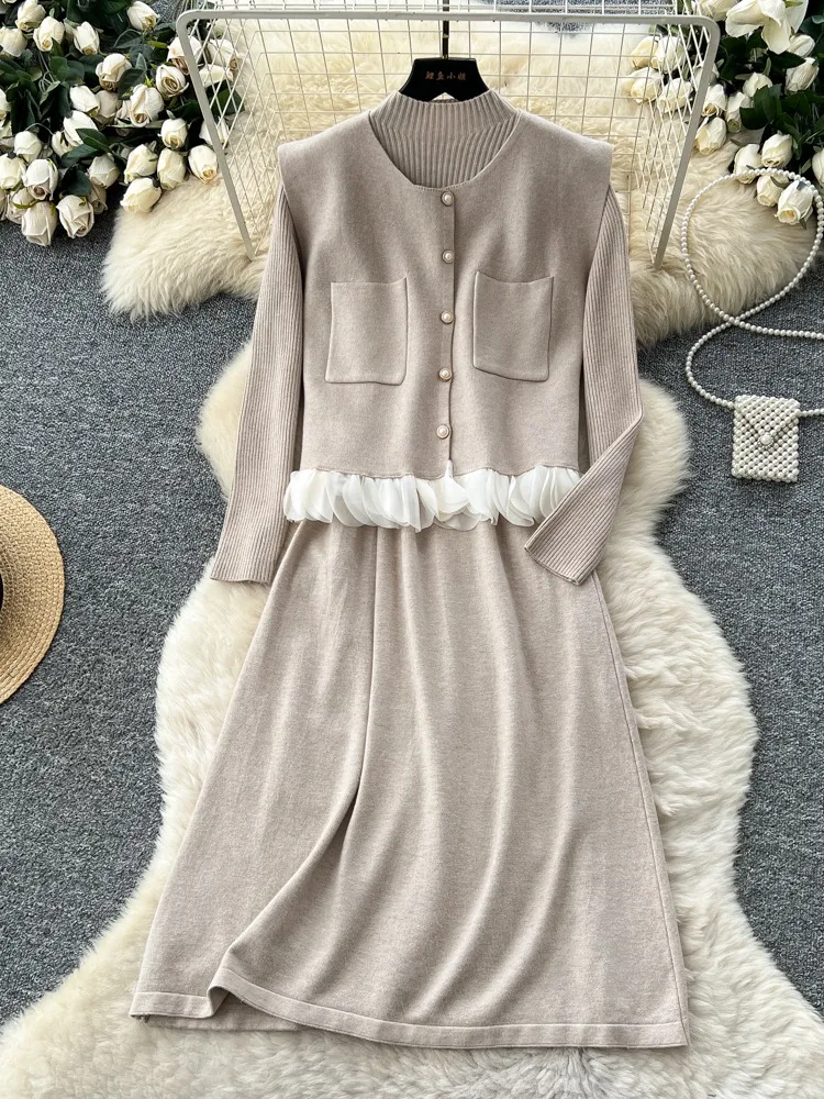 

Casual Loose Inner O-neck Single breasted Sleeveless Vest+Long sleeved Knitted Dress 2-piece Set Autumn/Winter Suit New Woman