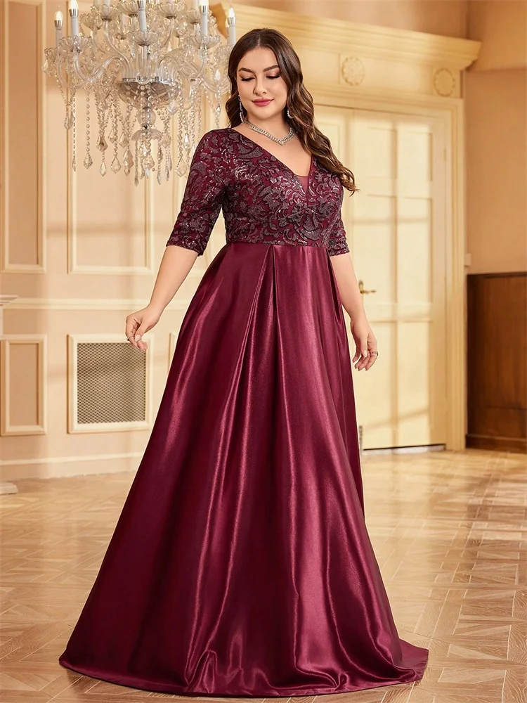 Plus Size Luxe Korte Mouw Rood Satijn V-hals Avondjurk 2025, Vrouwen Pailletten elegante Party Prom Vloerlengte Cocktailjurken