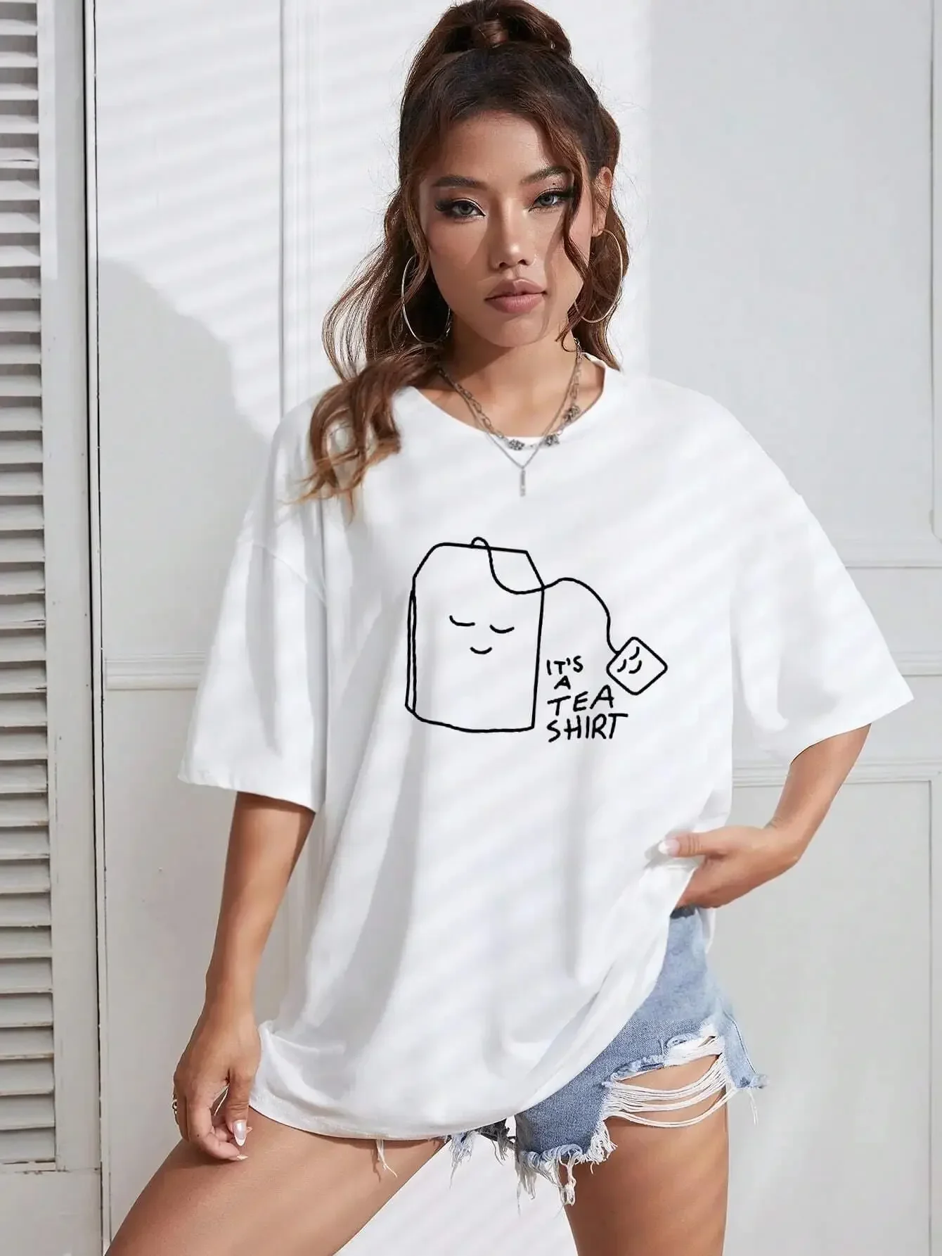 100% Cotton Women T-Shirts It's Tea Shirt Letter Printing Tees Casual Soft Short Sleeve Tops Loose Comfortable Street Clothes