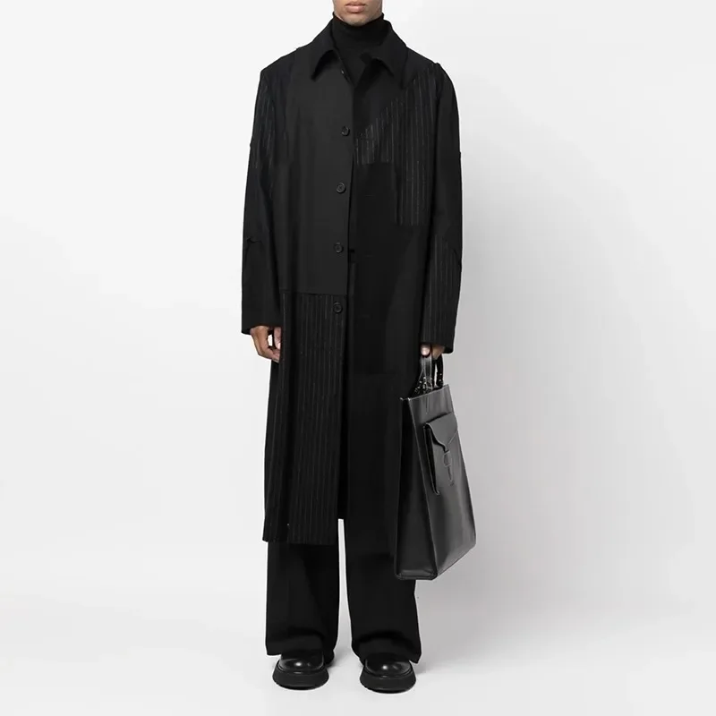 

YOJI OOAK men's patchwork design single-breasted top jacket striped mid-length button trench men's fashion