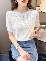 Summer New Color Contrast Short sleeved T-shirt Women's Round Neck Hollow Knitted Shirt Women's Top 69003