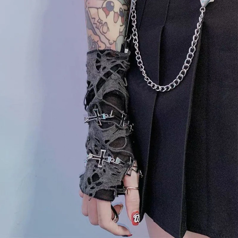 Hollow Out Rock Gloves Black Punk Broken Slit Gothic Unisex Glove Fingerless Halloween Cosplay Hole Mitten 2023 Cool Women Men