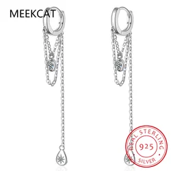 925 Sterling Silver Double Layer Long Tassel Ear Buckles Zircon Waterdrop Pendant Hoop Earrings for Women Exquisite Jewelry Gift