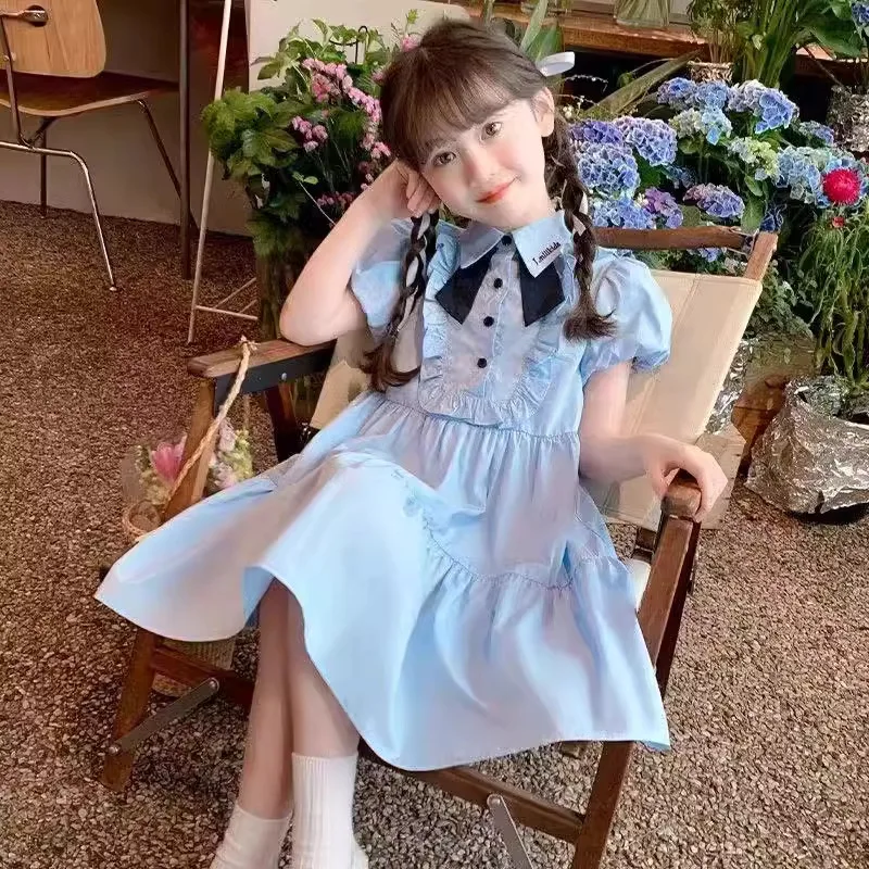 New Teen 3-12 Years Old Summer Girls Dress Lapel Design Preppy Style Princess Dresses For Kids Children Birthday Present