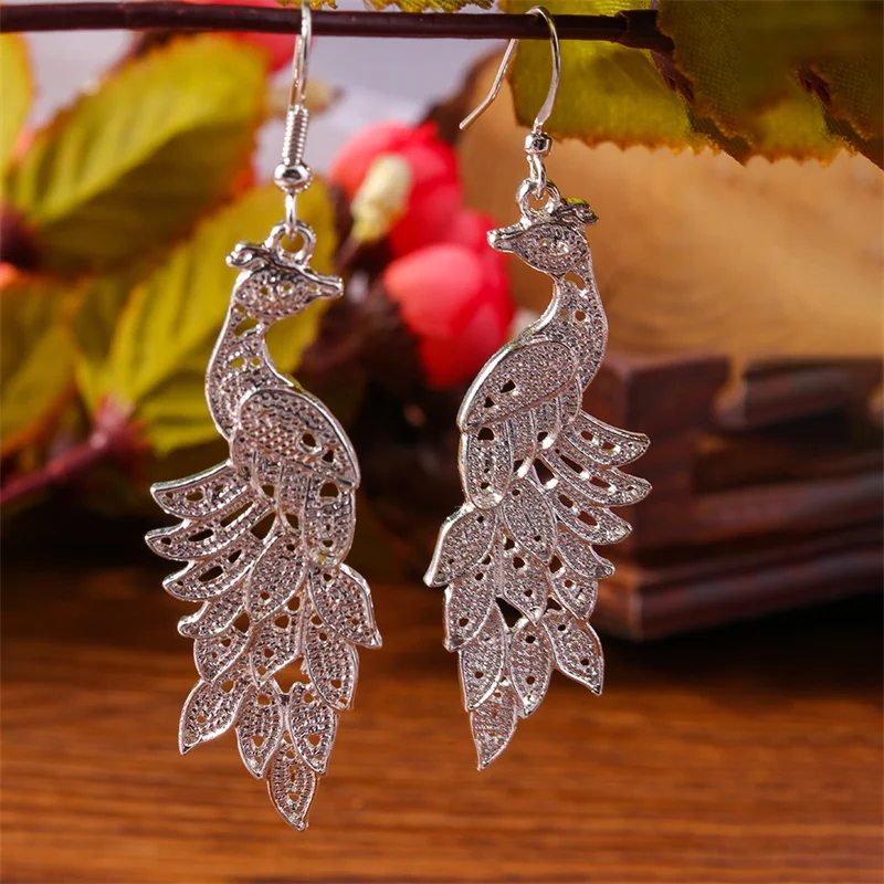 

Aihua Silver Color Long Tassel Peacock Phoenix Drop Earring for Women Wedding Party Jewelry Gifts Trendy Earrings