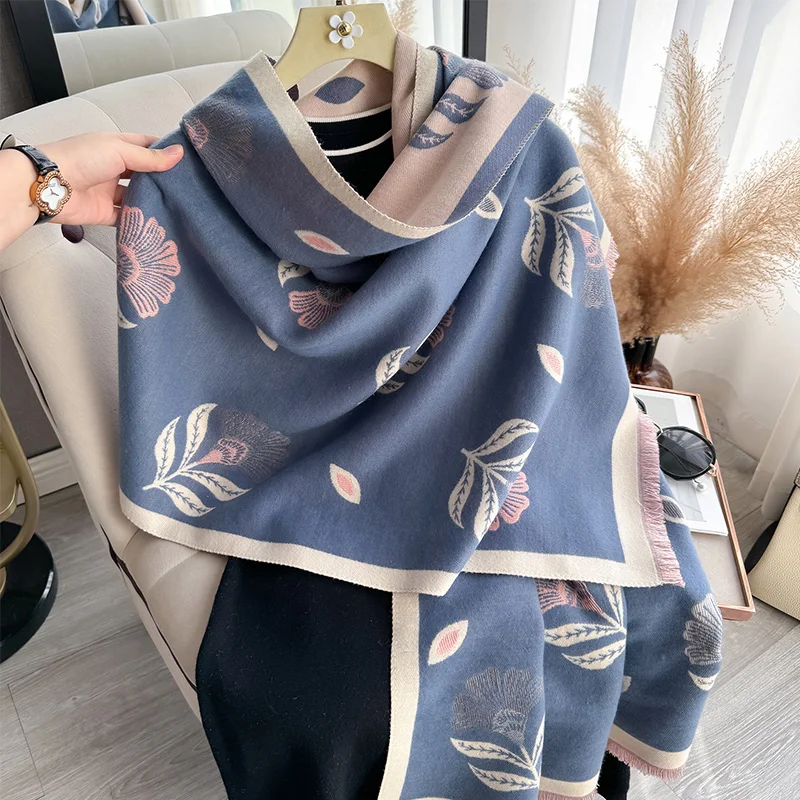 2024 Winter New Luxury Faux Cashmere Scarf Women Floral Print Outdoor Warm Thick Shawl Soft muffler neckerchief