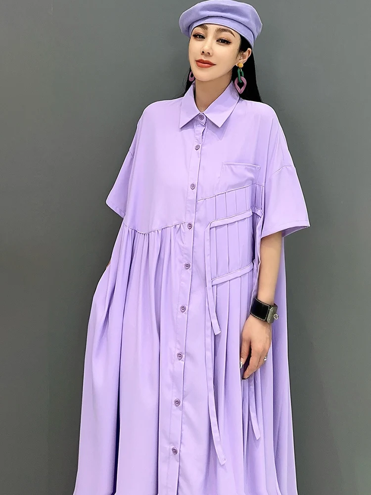 SHENGPALAE Violet Dress For Women 2024 Summer New Irregular Fold Dresses Elegant Fashion Casual Female Robe Y2k Clothes 5C1012