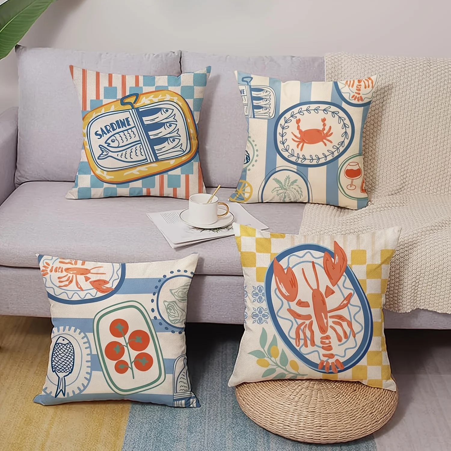 Set of 4 Nautical Throw Pillow Covers Coastal Beach Seafood Decor Crab Lobster Sardine Ocean Bathroom Living Room Accent Pillow