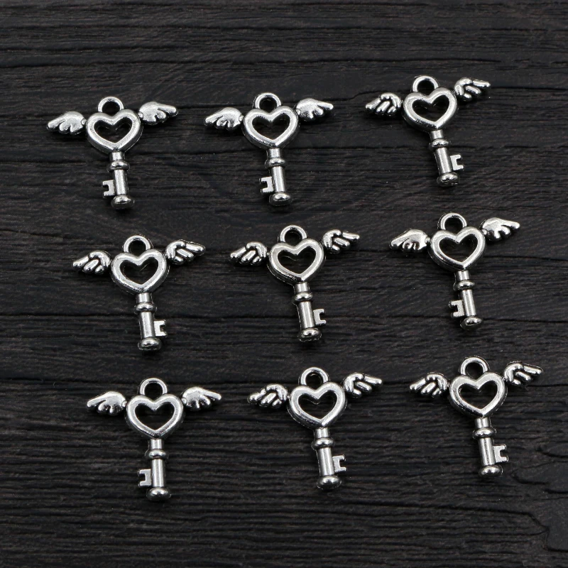 50pcs 14x14mm Charms Fly Key Antique Bronze Silver Color Pendants Making DIY Handmade Jewelry Factory Wholesale