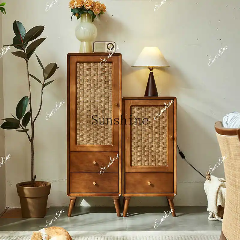 Nordic solid wood chest retro wabi wind storage bedroom multi-functional high and low rattan storage  FT