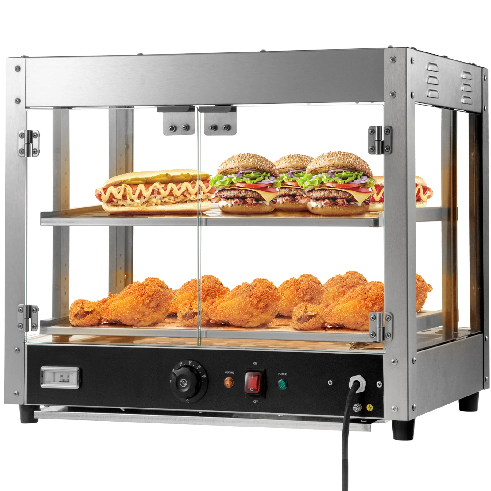 VEVOR Commercial Food Warmer Display,2 Tiers,800W Pizza Warmer w/3D Heating 3-Color Lighting Bottom Fan,Countertop Pastry Warmer