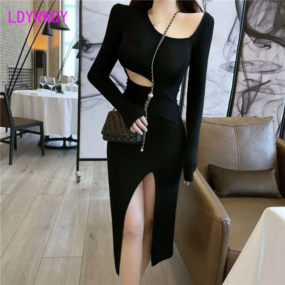 

2021 New Style Temperament Dress Hollow out Oblique Shoulder Sexy Slim Fit Versatile Underlay