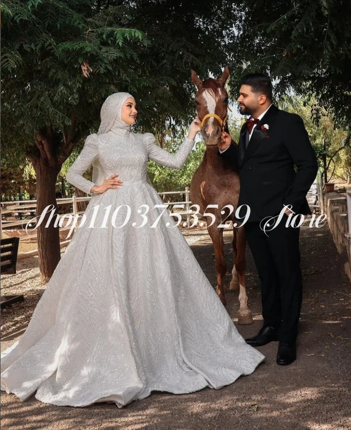 

High Neck Muslim Wedding Dresses 2025 Shiny Caucasian Ethnic Wedding Dresses Customised Long Bridal Gowns свадебное платье