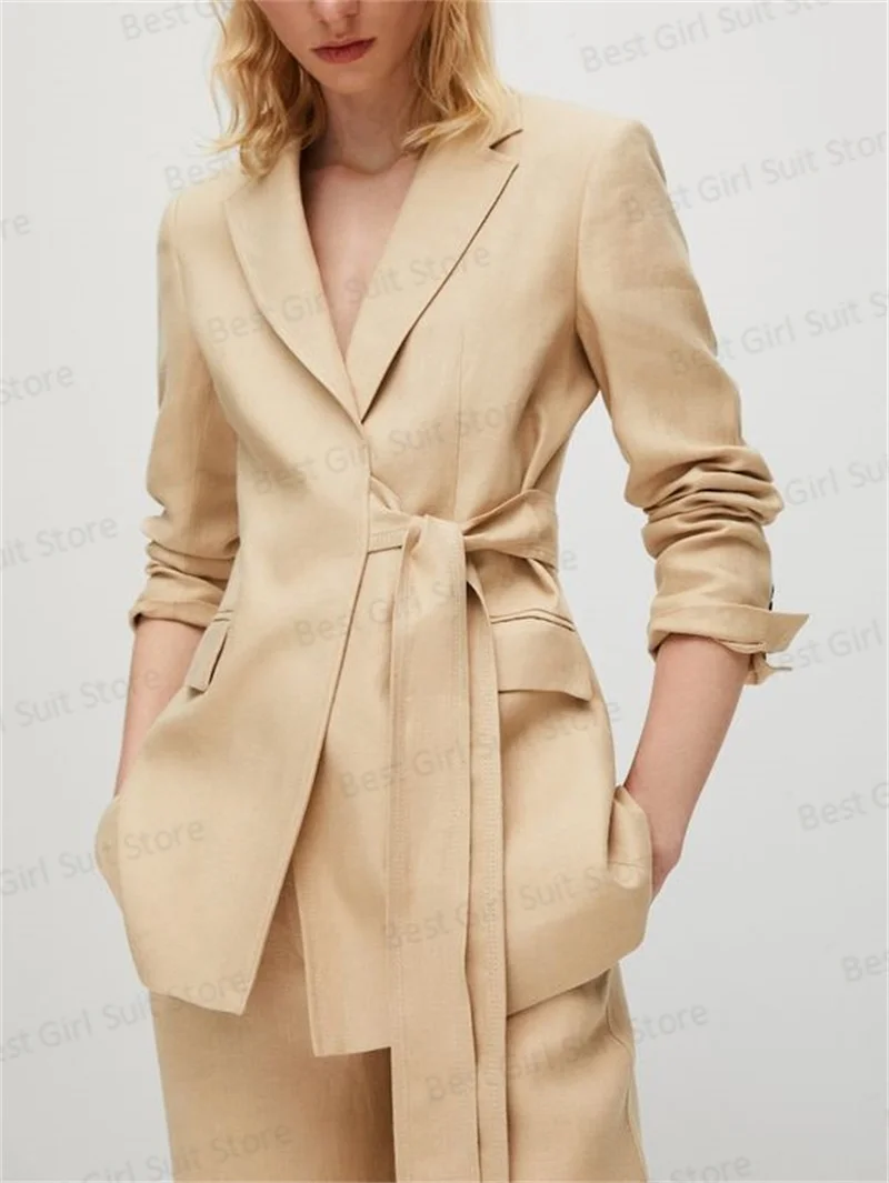 Beige Women Suit Set 2 Piece Blazer Jacket+Pants Formal Office Lady Wedding Tuxedo Tailored Made Elegant Coat Belt Prom Dress