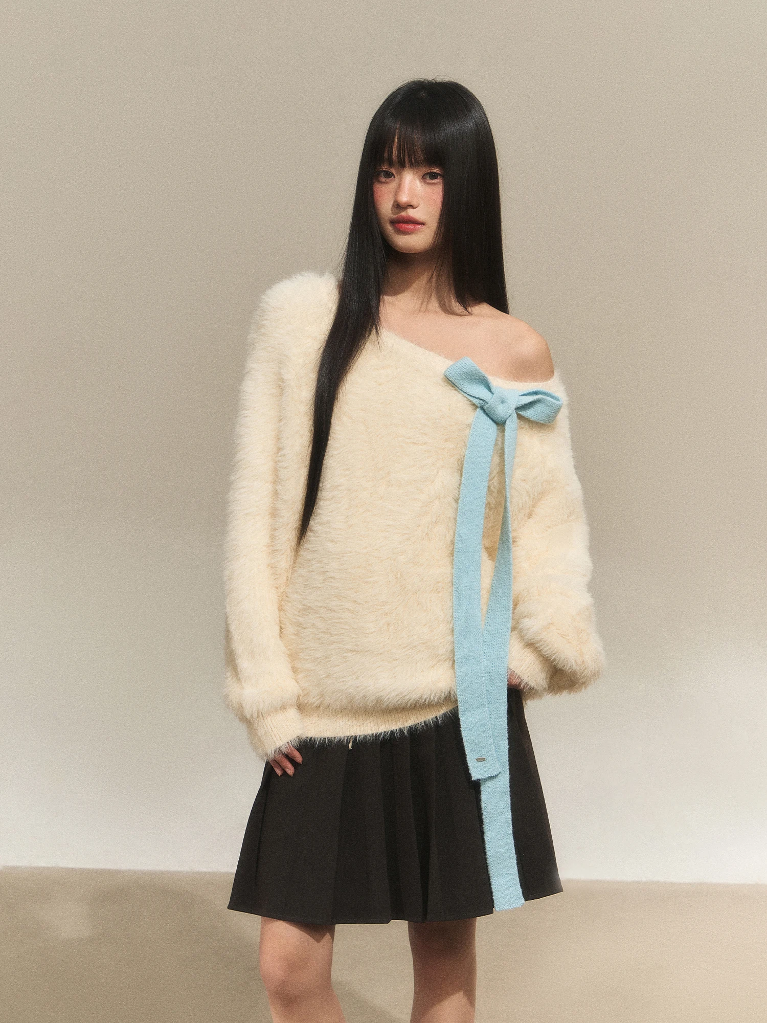 

Wedhub Women's Loose Soft Furry Sweater with Knot Strap oulder Winter Faion Korean Sle Long Sve Top