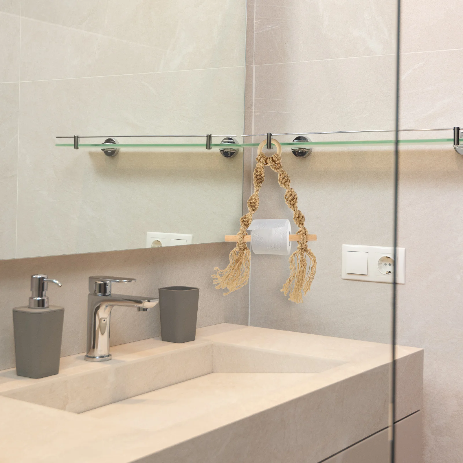 

Boho Hanging Rope Toilet Paper Holder Rattan Wood Roll Storage Rack Easy Install Replace Bathroom Decor