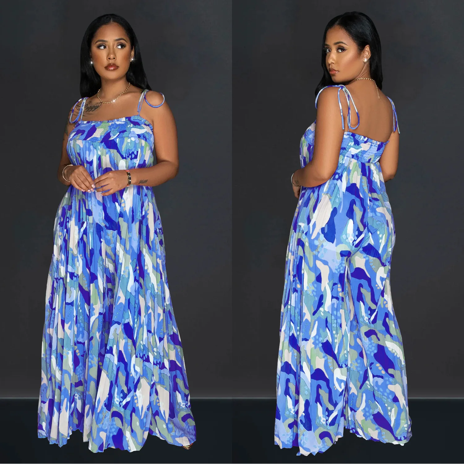 Tuta da donna Tuta a gamba larga pieghettata con bretelle stampate alla moda e sexy 2025 Estate