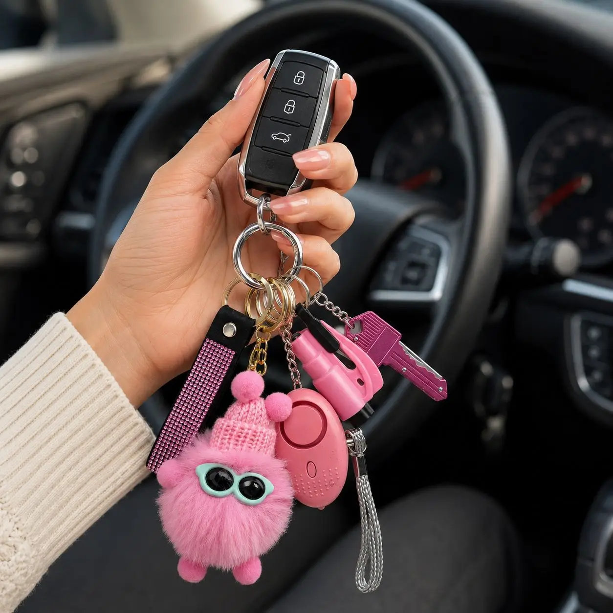 Diamond-encrusted Wrist Strap Keychain Plush Pendant 6-piece Set Women's Creative Bag Pendant Multifunctional Keychain