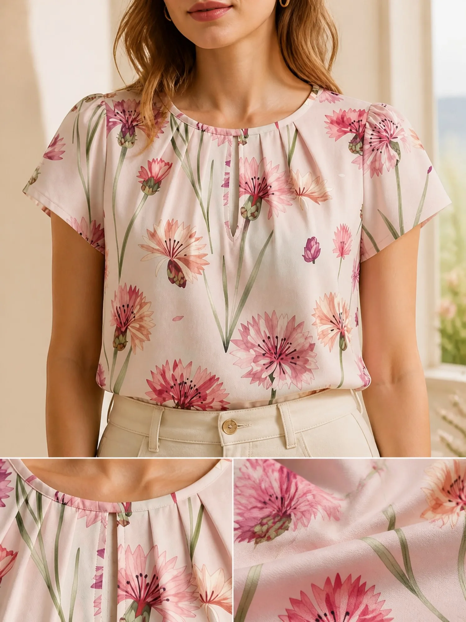 Women's Breezy Summer Floral Print Short Sleeve Keyhole Neck Blouse, Pleated Round Neck Loose Fit Soft Summer Blouse for Daytime