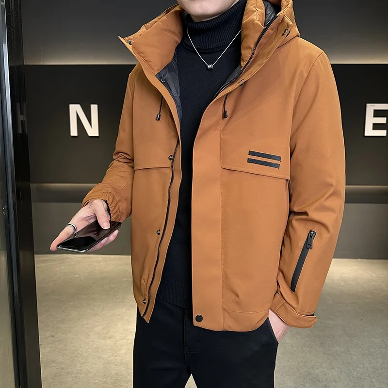 

2025 Winter Men's down Jaet Lightweight Thiened White Du Feather Hooded Coat Faionable Urban Sle Warm Outerwear