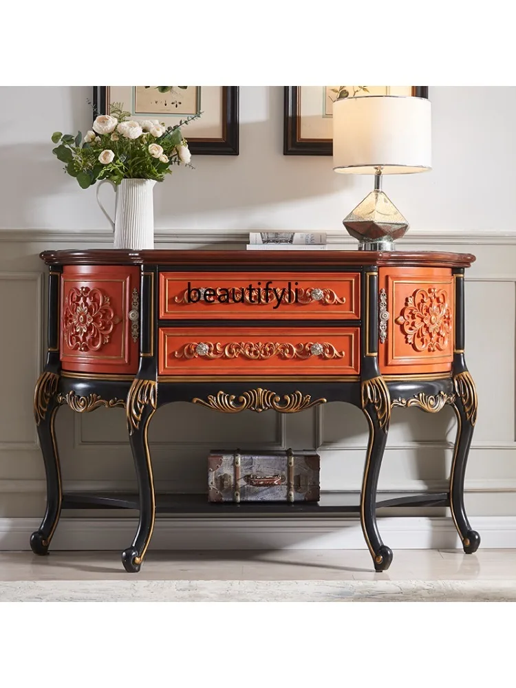 GY American-Style Console Tables Wood Arc Semicircle Retro Aisle Cabinet European-Style Carved Hallway Corridor Decoration